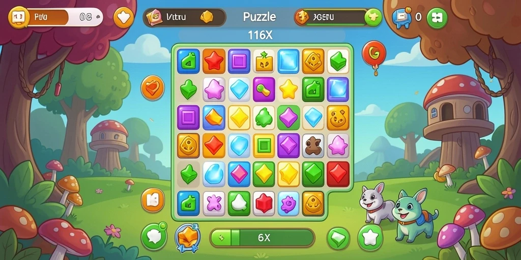 Screenshot 116X menunjukkan gameplay match-3 yang mengasyikkan.