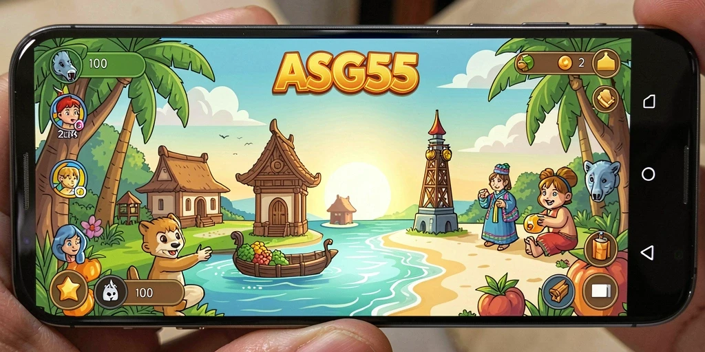 Tampilan gameplay <strong>ASG55</strong> yang ceria dan penuh warna.