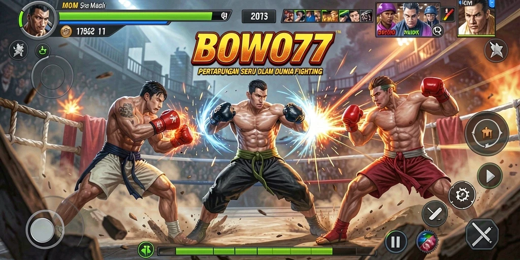 Tangkapan layar menampilkan pertarungan menegangkan BOWO77 dengan efek visual yang memikat.