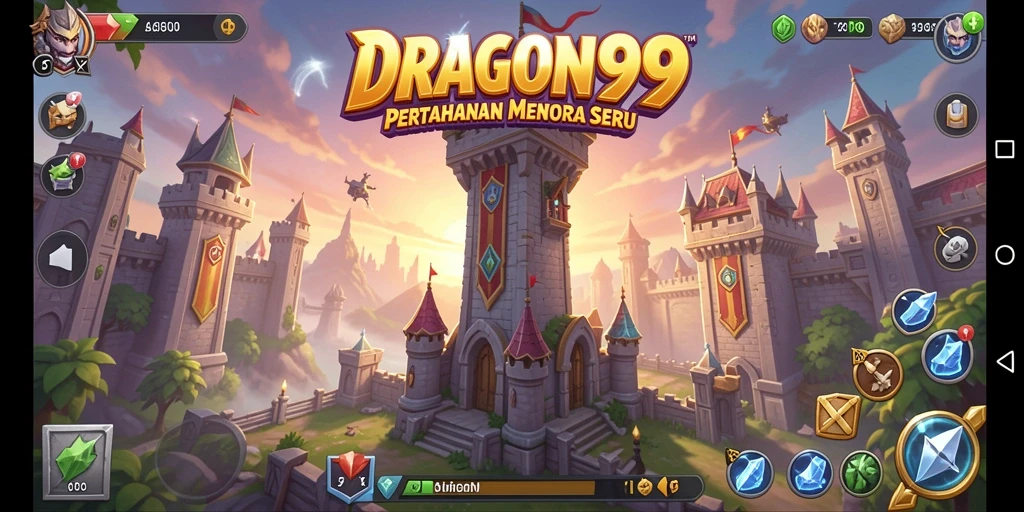 Tangkapan layar gameplay menampilkan karakter dan menara dari DRAGON99.