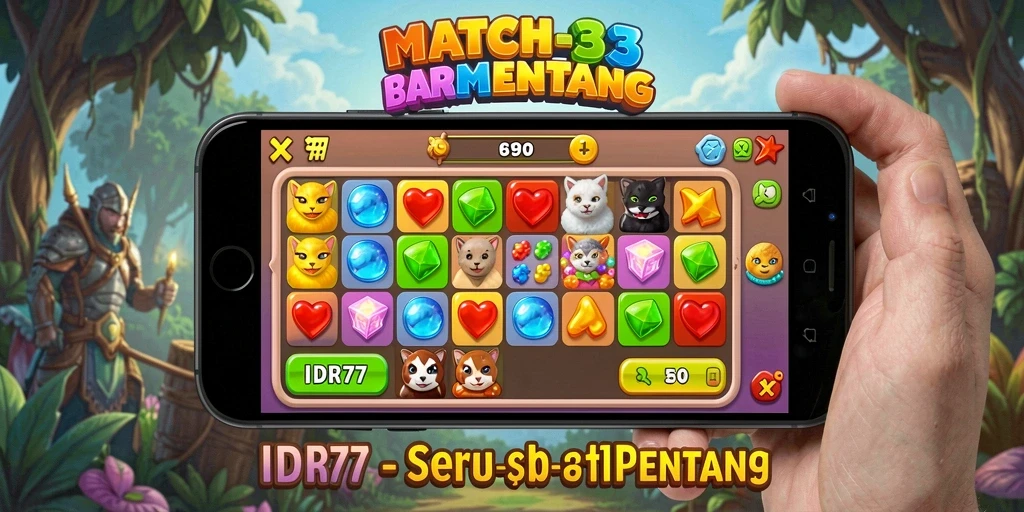 Tangkapan layar IDR77 menunjukkan gameplay Match-3 yang menarik dan penuh warna.