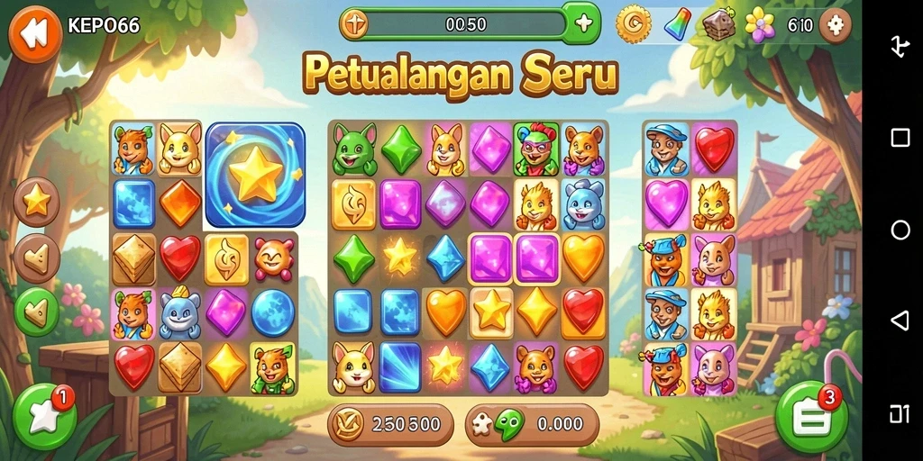 Screenshot KEPO66 menampilkan gameplay Match-3 yang seru dan penuh warna.