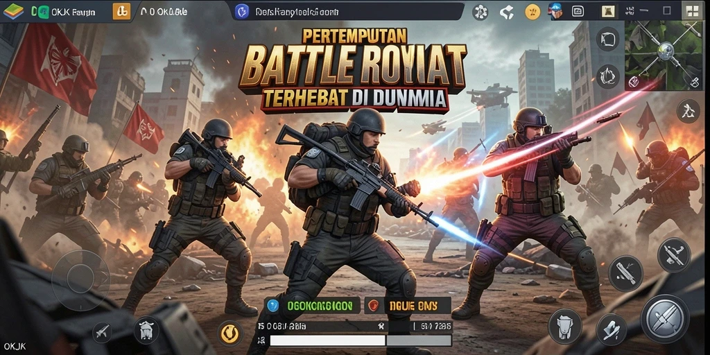 Screenshot gameplay OKJK menampilkan aksi mendebarkan dalam pertempuran Battle Royale.
