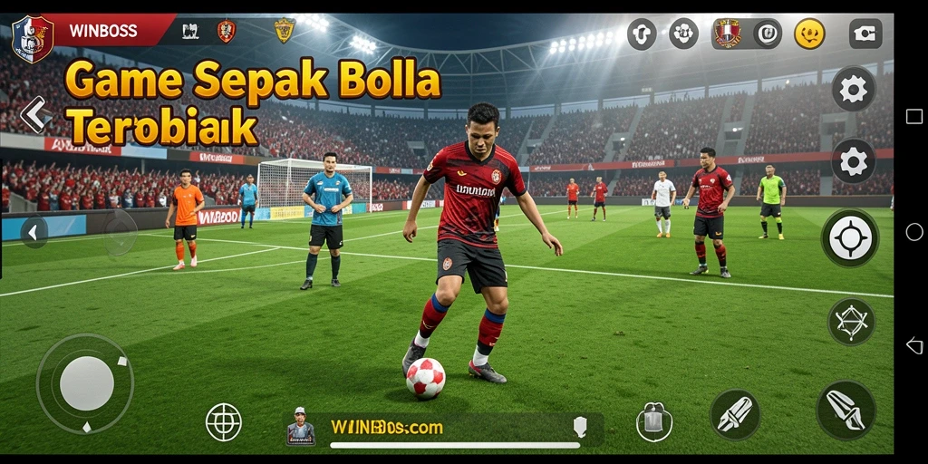 Tampilan gameplay meriah dalam WINBOSS dengan aksi sepak bola nyata.