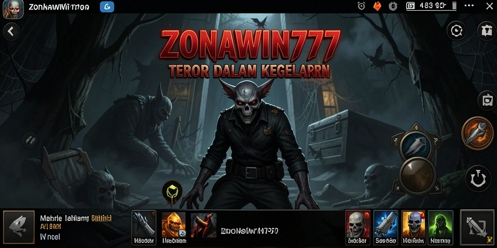 Screenshot menampilkan gameplay mencekam ZONAWIN777 di lingkungan gelap yang menyeramkan.
